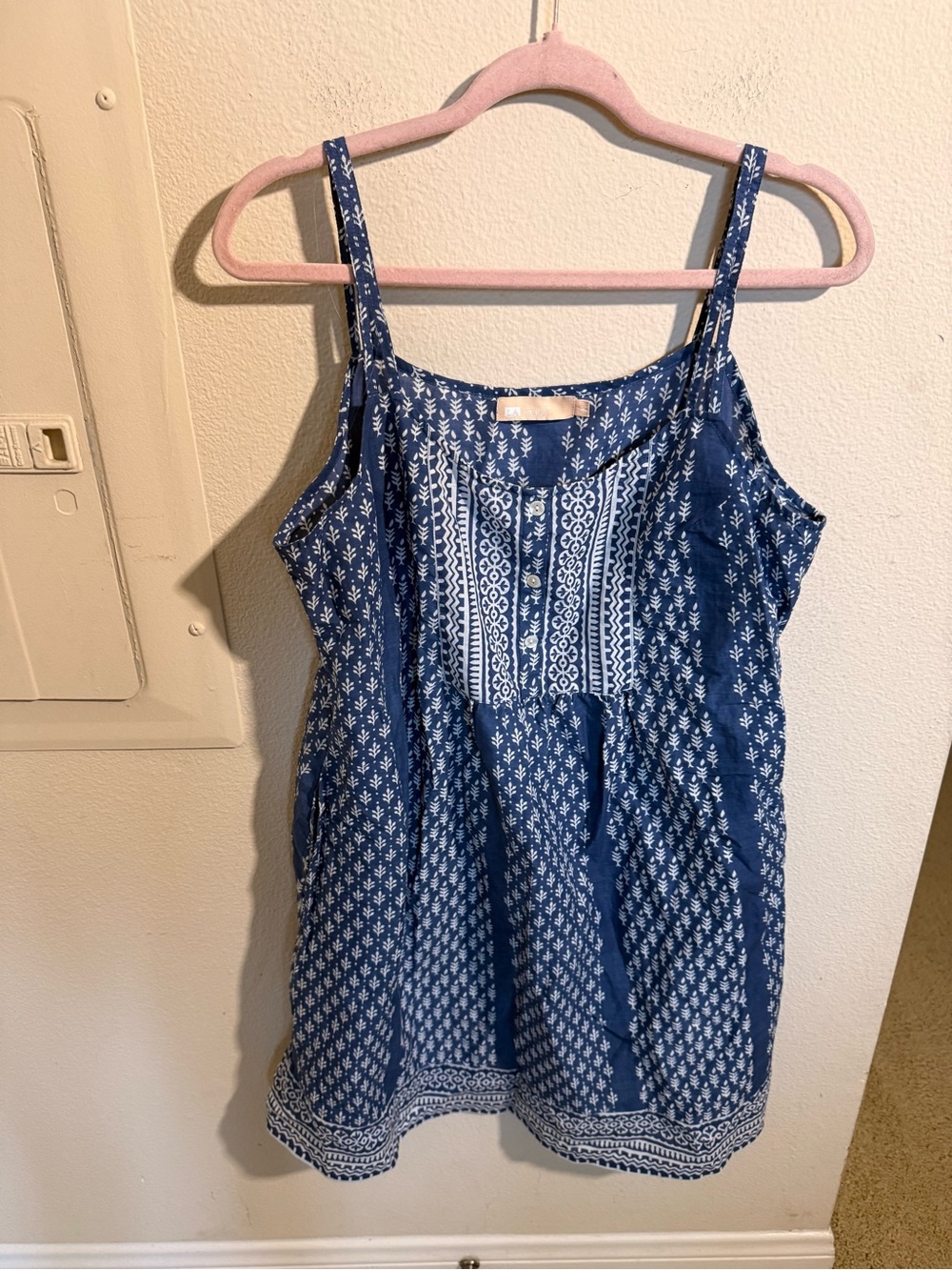 LA CERA Blue White Boho Print Cotton Tank Top Womens M India Cottagecore Beachy
